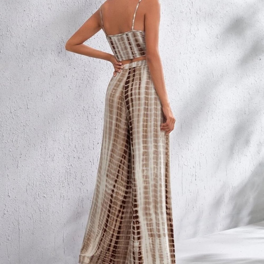 Crop Cami Top & Wrap Split Thigh Palazzo Pants coord Set Tie Dye - Picture 3 of 6